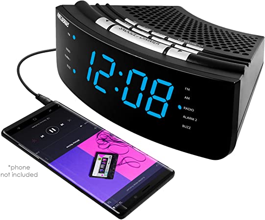 Nelsonic AM/FM Clock Radio – Built in Aux Cord – 10 FM and 10 AM Preset Station Choices – Wake to Music - Dual Alarm and Large Blue LED Display
