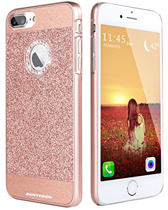 iPhone 7 Plus Case, BENTOBEN Sparkly Rhinestone Bling Hybrid Slim Hard Cover Laminated with Luxury Shiny Synthetic Leather Protective Case for iPhone 7 Plus (5.5 inch), Rose Gold