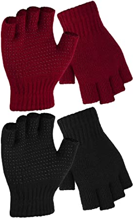 Cooraby 2 Pairs Fingerless Non Slip Gloves Knitted Stretchy Gloves for Men and Women