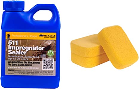 Miracle Sealants 511 PT SG Impregnator Sealer for Stone, Tile, Slate, Ceramic, Quartz 16 oz, 1 Pint & QEP 70005-3VPD XL Grouting Super Sponge, 3 Pack , Yellow