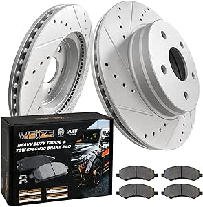 WEIZE Front Truck & Tow Brake Rotors Kit, CARBON FIBER Ceramic Brake Pads & Drilled/Slotted Brake Discs, Fit for Dodge Ram 1500 2006-2018, Durango Chrysler Aspen 07-09