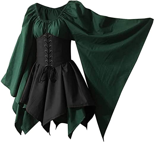 Women's Renaissance Medieval Costume Flare Sleeve Corset Skirt Overskirt Elven Archer Fancy Dress Irish Over Gown 2pcs Set