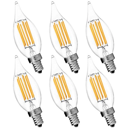 6-Pack Candelabra LED E12 Bulb, Luxrite, 6W LED Flame Bulb, 3000K Soft White, 650 Lumens, 60W Candelabra Bulb LED, E12 Candle Base, UL Listed