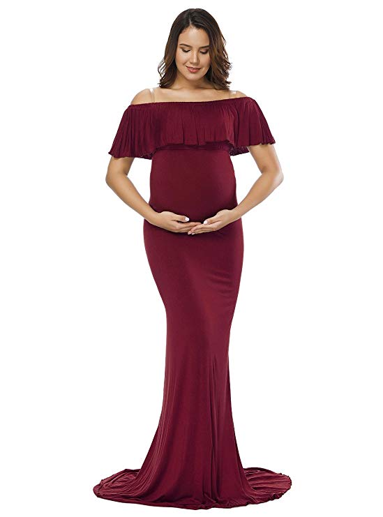 JustVH Women's Off Shoulder Ruffles Maternity Slim Fit Gown Maxi Photography Dress