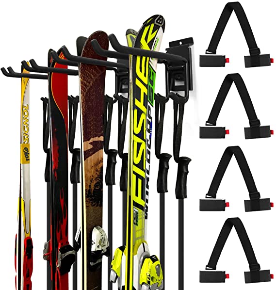 Odoland Ski Storage Rack, Skiing Storage Mount with Ski Strap Carrier, Wall Mounted Rack Organizer for Skis and Poles, Snowboard Wall Mount, Home and Garage Heavy Duty Storage Hanger