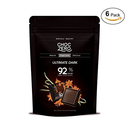 ChocZero 92% Ultimate Dark Chocolate, Sugar Free, Low Carb. No Sugar Alcohols. No Artificial Sweeteners. All Natural, Non-GMO - (6 Bags, 60 Pieces)