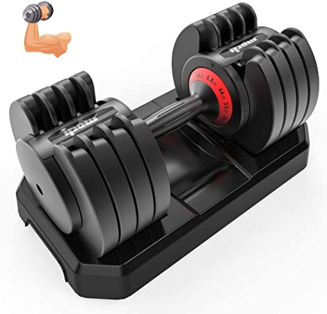 IPOW Adjustable Dumbbell 6.6-44 LB Single Black Dumbbell Set with Tray for Men Women|Anti-Slip Silicone Covered Metal Handle| 1s Weight Adjust Turning Handle|Extra Safe Lock System|Home Gym