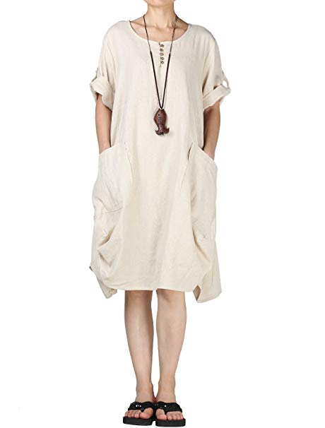 Mordenmiss Women's Cotton Linen Dresses Summer Roll-up Sleeve Baggy Sundress with Pockets