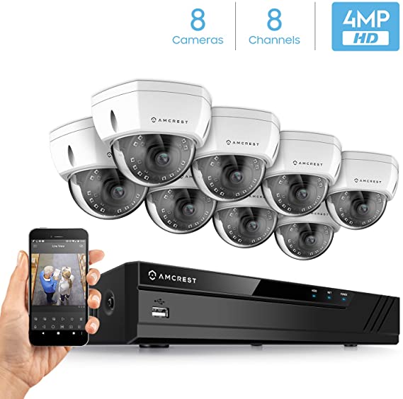 Amcrest 4MP Security Camera System, w/ 4K 8CH PoE NVR, (8) x 4-Megapixel 3.6mm Wide Angle Lens Weatherproof Metal Dome POE IP Cameras, NV4108E-HS-IP4M-1028EW8 (White)