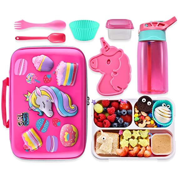Unicorn Lunch Bag Lunch Box Set, Include 3D Insulated Cooler Bag & Leakproof Water Bottle Unicorn Ice Pack Multipurpose Spork Spoon Silicone Cups Salad Box, Great for School Girls or Boys (Pink-2)