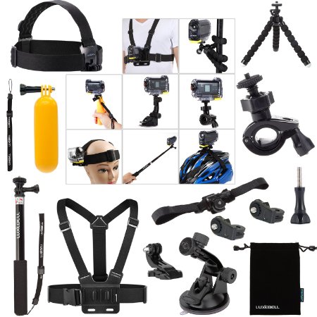 Luxebell 14-in-1 Accessories Bundle Kit for Sony Action Camera Hdr-as15 As20 As30v As100v As200v Hdr-az1 Mini Sony Fdr-x1000v Chest Mount  Head Mount  Suction Cup  Selfie Stick  Bobber