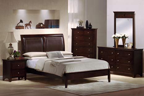 Roundhill Furniture Le Charmel 5-Piece Wood Bonded Leather Bedroom Set, Includes Queen Bed, Dresser, Mirror and 2 Night Stands