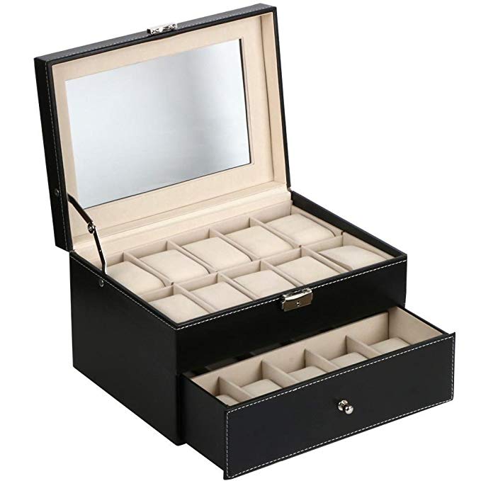 Yaheetech Watch Box Large 6/10/12/20/24 Mens Black Leather Display Glass Top Jewelry Case Organizer (20 Slots)