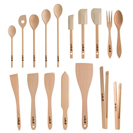 Uulki® 17 pieces Eco-friendly Cooking Utensils Tools Set from European Beechwood: Wooden Cooking spoons, Food turners, Baking Spatulas, Food BBQ tongs, Salad Servers ...)