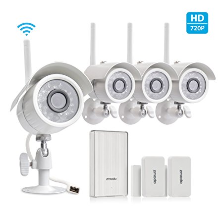 Zmodo 720p HD Outdoor Home Wireless Security Surveillance Video Cameras System (4 Pack) with Zmodo Beam and 2 Pack Door/Window Sensors