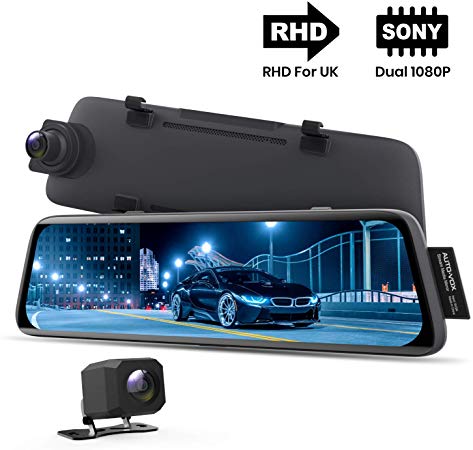 AUTO-VOX V5 Mirror Dash Cam 1080P Dual Dash Cam Front and Rear with Night Vision, Sepcial for RHD Cars, 9.35'' Full Touch Screen Rear View Mirror with Reversing Camera, Parking Mode, GPS Tracking