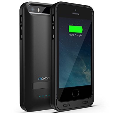 iPhone 5 Battery Case , Maxboost Atomic S iPhone Charger For Apple iPhone 5 / iPhone 5s [APPLE MFI Certified] Protective 2400mAh Battery Pack Juice Power Case with Built-in Kickstand - Black/Black