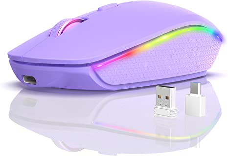 Backlit Wireless Mouse Rechargeable, Silent and Portable, SABLUTE LED Light Up Mouse with 2.4G USB Receiver, Sleep Mode, Cordless Travel Mouse for Laptop Computer, MacBook, Chromebook (Purple)