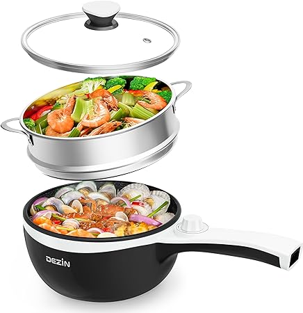 Dezin Hot Pot Electric with Steamer Upgraded, Non-Stick Sauté Pan, Rapid Noodles Electric Pot, 1.5L Mini Pot for Steak, Egg, Fried Rice, Ramen, Oatmeal, Soup with Power Adjustment (Egg Rack Included)