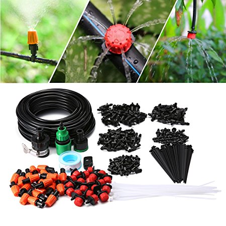 KingSo Irrigation Watering System Drip Kits Included 50 Feet Tubing Connectors Hole Puncher Atomizing Nozzle Mister Dripper and All Accessories for Plant Watering (15M 40 Pcs Dripper)