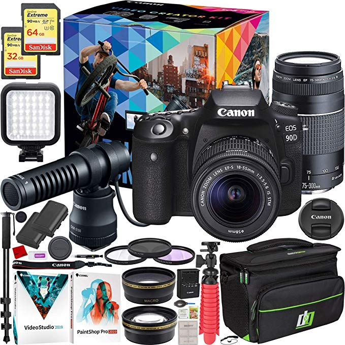Canon EOS 90D Video Creator Kit DSLR Camera Bundle with Double Zoom 2 Lens 18-55mm   75-300mm   DM-E100 Microphone   Wide & Telephoto Lens   Deco Gear Case   Filter Set   64GB 32GB Card & Accessories