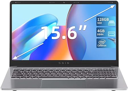 SGIN 4GB DDR4 RAM 128GB SSD Notebook, 15.6 Inch Laptop, Computer with Intel Celeron Processor, Intel UHD Graphics 600, USB3.0, Mini HDMI, Webcam, Wi-Fi, Bluetooth 4.2