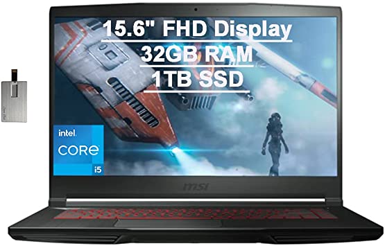 2021 MSI GF63 Thin Gaming 15.6" FHD Laptop Computer, Intel Core i5-10300H (Beats i7-9750H), 32GB RAM, 1TB PCIe SSD, Backlit Keyboard, GeForce GTX 1650 MaxQ, HD Webcam, Win 10, Black, 32GB USB Card