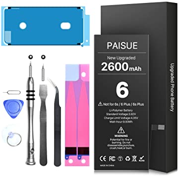 Battery for iPhone 6 (not 6p/6s/6sp), 2600mAh New 0 Cycle Battery Replacement for iPhone 6, Higher Capacity Change Battery for i6 A1549 A1586 with Tools Kits - 1 Year Warranty
