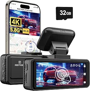 REDTIGER 4K Dash Cam, 5.8GHz WiFi App Control Dash Camera for Cars, 3.18'' Touch Screen 2160P UHD Car Dash Cam with Night Vision, 32GB Card, Built-in GPS, Parking Mode, Supports 512GB Max