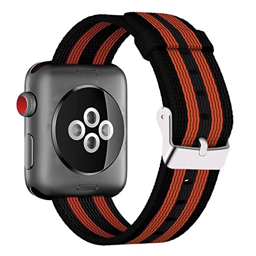 Yichan Woven Nylon Fabric Wrist Strap Replacement Band with Classic Square Stainless Steel Buckle for Apple iWatch Series 1 / 2 / 3,Sport & Edition,42mm,Black Orange Stripes