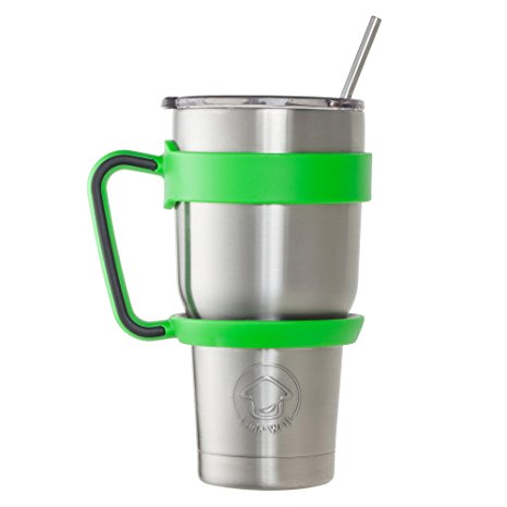 Livin' Well 30oz Tumbler Rambler Insulated Travel Cup Mug | Gift Set - Sliding Lid, Handle, 2 Metal Straws | Double Wall Vacuum Stainless Steel | 24 Hours Ice Retention | Makes a Great Gift (GREEN)