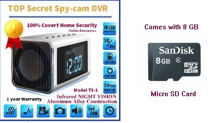 TOP Secret Spy Camera Mini Clock Radio w/8Gb Sd Card included. Hidden DVR- Continuous power or battery power.