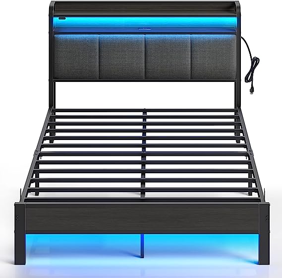 Rolanstar Bed Frame Full Size with Charging Station and LED Lights, Upholstered Headboard with Storage Shelves, Heavy Duty Metal Slats, No Box Spring Needed, Noise Free, Easy Assembly, Dark Grey