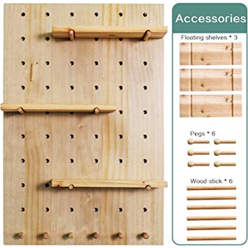 Creation Core Wooden Pegboard with 3 Floating Shelves & 6 Pegs Hooks Wall Storage Organizer System for Office Home Kitchen Decor 15.7x23.6, Natural