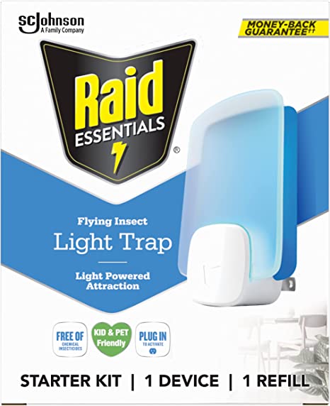 Raid Essentials Flying Insect Light Trap Starter Kit, 1 Plug-in Device   1 Cartridge, Featuring Light Powered Attraction