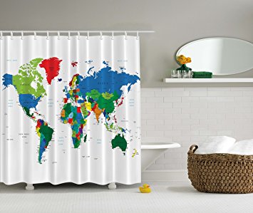 World Map Shower Curtain by Ambesonne, Geologist Gifts Educational Geographical Earth Journeys Voyager Novelty Modern Home Designer Bath Accessories Fabric Shower Curtain, Green Blue Red White