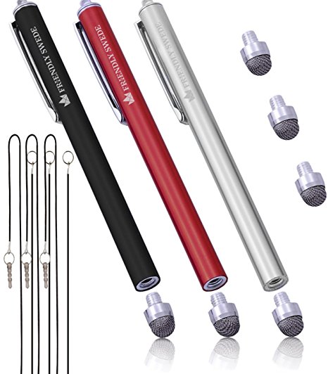 The Friendly Swede Replaceable Micro-knit Tip Hybrid Stylus with Lanyards, Cloth and Replacement Tips (3 Pack) (Red   Black   Silver)