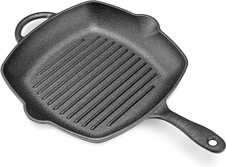 Navaris Cast Iron Griddle Pan - Pre-Seasoned Cast Iron Grill Pan for Frying and Grilling Meat and Veg - Square Grilling Skillet - 27cm