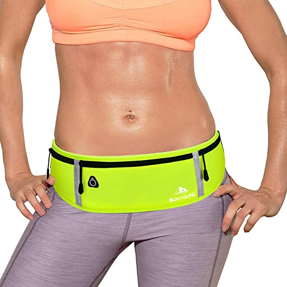 SUMYOUNG Running Belt, Bounce Free Pouch Bag, Running Fanny Pack with Headphone Hole, Runners Belt with Reflective Strips, Waist Pack for All Kinds of iPhone Android, Flipbelt for Running