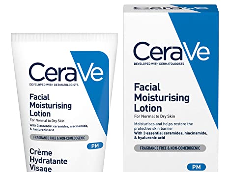 CeraVe Loción humectante facial PM, 52 ml / 1.75 oz, humectante facial diario con niacinamida para piel normal a seca