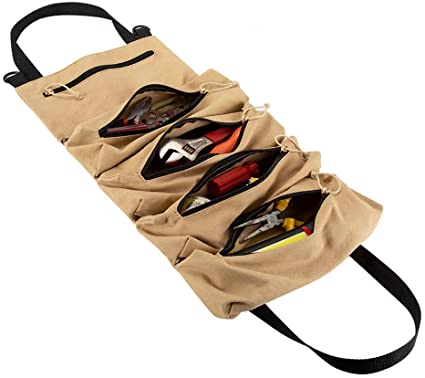 HRX Package Canvas Roll-up Tool Bag, Compact Tool Roll Pouch with 5 Zipper Pockets Tool Organizer Carrier Bag for Car Motorcycle