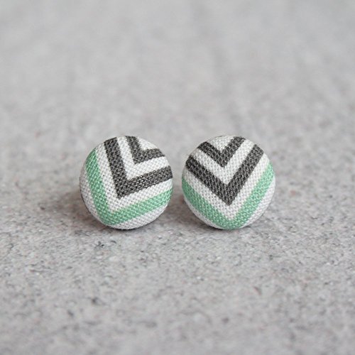 Black White and Mint Chevrons Fabric Button Earrings