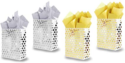 UNIQOOO 12Pcs Premium Metallic Foil Gold & Silver Polka Dots Gift Bags Bulk, Large 12.5 x10.5 x4 Inch, w/12 Sheets Tissue Paper Gift Wrapping Set, for Christmas Wedding,Birthday, Valentine's Day