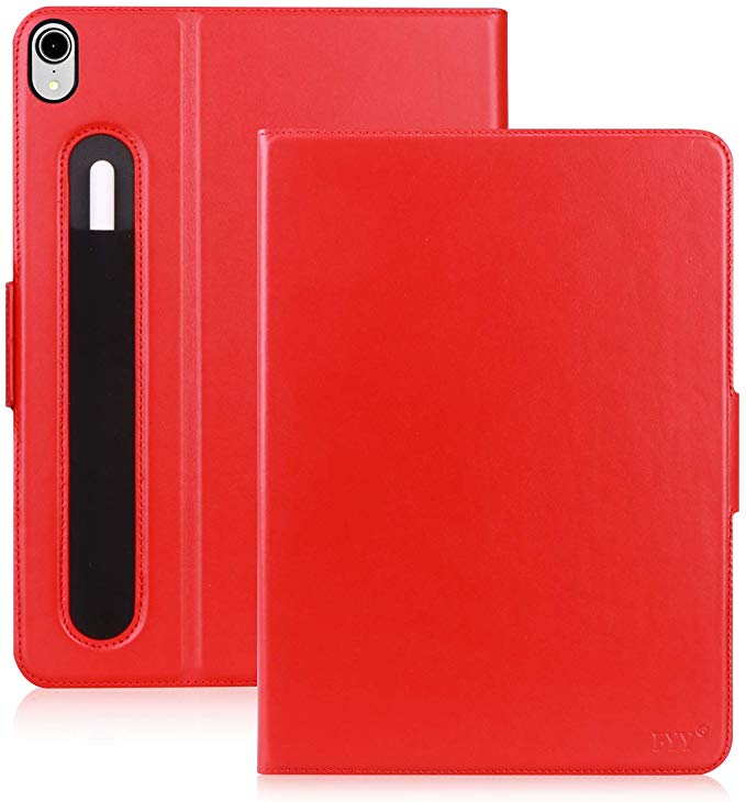 FYY New iPad Pro 11" 2018 Case with Pencil Holder [Support Apple Pencile Charging] Luxury Cowhide Genuine Leather Handcrafted Case, Handmade Protective Cover with [Auto Sleep-Wake Function] Red