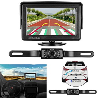 LeeKooLuu 7 LEd Night Vision Rear View Backup Camera and Mirror Monitor Kit for Car/Vehicle/Truck Universal Waterproof License Plate 4.3 Display