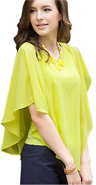 BLINGLAND Women Solid Comfy Loose Fit Short Sleeve Crew Neck Top Tee M-Yellow