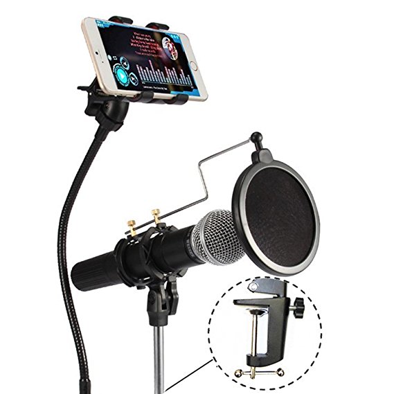 VIMVIP 3-in-1 Recording MV Professional Phone Microphone Stand Support with Angle Adjustment 360° Swivel Holder, Including: Mic Stand, Phone Mount and Pop Filter for iPhone, Samsung, and More (Black)