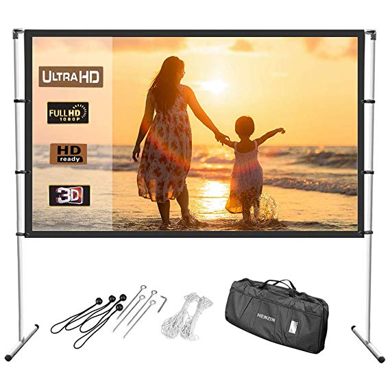 HENZIN 100 Inch Projector Screen,4K Ultra HD,16:9 Portable Movie Home Theater Indoor & Outdoor Projection Screen, Front Projection with Stand Legs and Carry Bag
