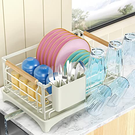 G-TING Dish Drying Rack, Dish Rack for Kitchen Counter, Rust-Proof Dish Drainer with Drying Board and Utensil Holder for Kitchen Counter Cabinet, 16.6” L× 12.6”W× 7.8”H, Milk White