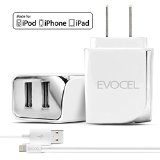 Apple MFi Certified Evocel 3ft Lighting to USB Cable  Dual USB Port 21Amp Wall Charger for Apple iPhone 6 iPhone 6 Plus iPad Air and More - Retail Packaging White